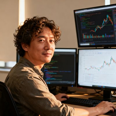 三亿体育联合创始人兼CTO陈昊宇，38岁男性，微卷发，穿着休闲衬衫，面前摆放着三台显示器显示代码和数据图表
