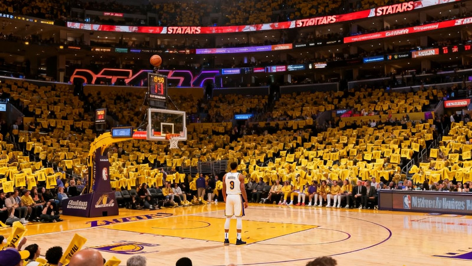 NBA常规赛直播画面，湖人主场斯台普斯中心内灯光璀璨，球员正在罚球线上准备投篮，观众席上金色助威毛巾连成一片